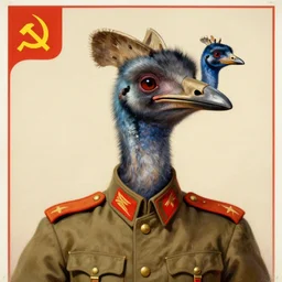 soviet propaganda poster depicting a dromaius novaehollandiae in military uniform, painting by dmitti moor