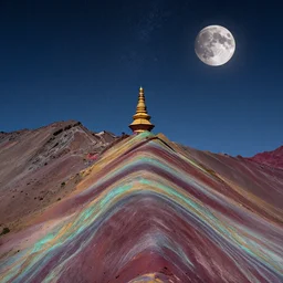 ancient pagoda on vinicunca ( ( ( rainbow - colored mountain ) ) ) during meteor shower on blood moon, beautiful, stunning scenery
