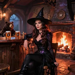 kate beckinsale as witch, sit in fantasy tavern near fireplace, behind bar deck with bear mugs, medieval dnd, colorfull digital fantasy art, 4k