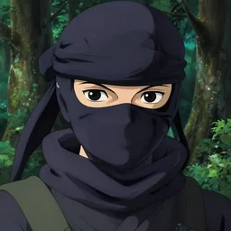 a anime portrait of a ninja, finely detailed features, closeup at the face, sharp focus, perfect art, at lush forest background, cinematic lighting, intricate, anime, grimdark, illustration, artstation, trending on pixiv fanbox, painted by greg rutkowski, studio ghibli, akihiko yoshida, hayao miyazaki,