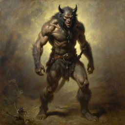 backlight on muscular werewolf as barbarian hunter full body ,human legs ,very textured detailed oil painting by rembrandt