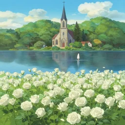 the lake in the church is full of white roses, by mikko lagerstedt and makoto shinkai, trending on artstation, 8 k,