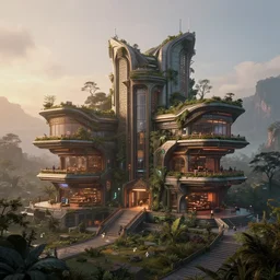 a beautiful ultradetailed highly detailed marketplace building by b. v. doshi, at dawn biopunk laser assassin's creed lightpaint wilderness nature, archdaily, wallpaper, highly detailed, trending on artstation.