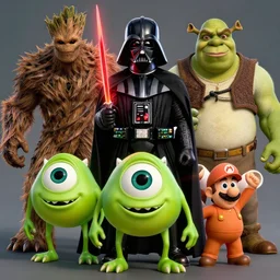 lord of the rings darth vader mike wazowski waluigi groot homer super mario shrek yeti pikachu donkey kong yoda godzilla, highly detailed, extremely high quality, hd, 4 k, 8 k, professional photographer, 4 0 mp, lifelike, top - rated, award winning, cinematic, realistic, detailed lighting, detailed shadows, sharp, no blur, edited, corrected, trending