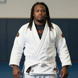 photo of chubby black bjj athlete with long dreads posing, serious face, white belt
