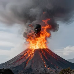 masked human in a volcano and fire raining is in effect