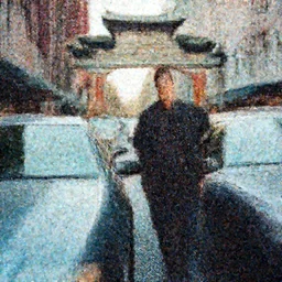 a photo by Gregory Crewdson of a man standing next to his car in the streets of downtown chinatown