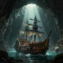 a pirate ship found in a vast cavern, lighting from above, spotlight, digital art, simon stalenhag, mandy jurgens, wlop, cgsociety, artstation
