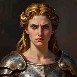 pixel art of the Greek godess Hera looking angry, rusty armor, portrait, digital painting, artstation, concept art, beautiful face, symmetric face, cinematic, by Artgerm and Greg Rutkowski and Alphonse Mucha