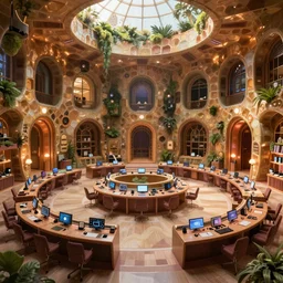 detailed futuristic - utopian fantasy, futuristic - natural - beauty, artstation style, honeycomb halls, interior, futuristic government chambers, very large hall with many cubicles of desks and chairs arranged in circles, many computer screens, soft lamp illumination and multiple doorways, synthwave, futuristic - utopian architecture