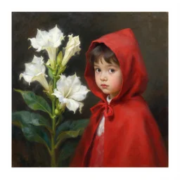 oil painting of little red riding hood next to white brugmansia suaveolens flowers, with a dark background,