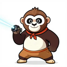 “ logo and portrait of a monkey in the style of kung fu panda holding laser gun, with a black background, digital art, award winning, trending on art station, retro style ”