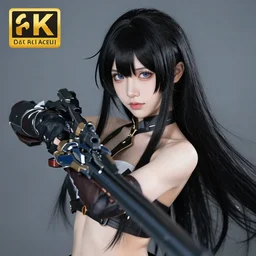 highly detailed beautiful azur lane cosplay, warcore, dramatic pose, long black hair and fringe, upper body portrait, clear and perfect eyes, midriff, professional photography overhead lighting, 8 k 3 5 mm, holding weapon, pixiv
