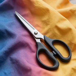 a pair of scissors on top of some colorful rumpled fabric, realistic, highly detailed,