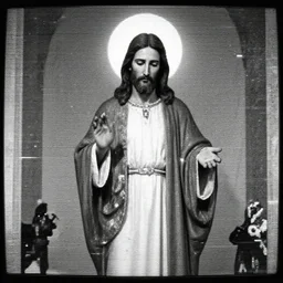vhs static overlay of jesus apparition, vhs, 1 9 9 0, highly realistic, highly detailed, vhs noise static, black and white, vhs glitch