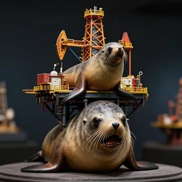 portrait of a toxic oil rig mounted on the head of a anguished south american fur seal, by hikari shimoda, john chamberlain, ambient lighting, highly detailed, diorama model, zoom out, sharp focus
