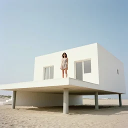 a still of a young woman standing on a huge concrete white deck, high above the ground, of a minimalist beach house, outside view, low angle, clear sky and background, in the music video Wrapped Around your Finger (1983)