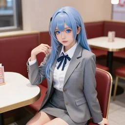 the most beautiful cybercore female diner, casual elegant suit, blue moe eyes, angelic detail