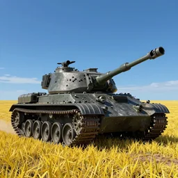 a high resolution very detailed image of a 2 in russian tank boss fight from nier : automata in yellow rye field under pure blue skies