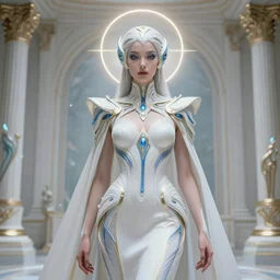 detailed portrait ultra glam cyber noun, attractive feminine curves, intricate, scifi, futuristic, elegant cape, elegant, alien room background, white, blue, gold, photorealism, trending on artstation, holy halo, advanced technology, art by moebius and vitaly bulgarov and chanthara