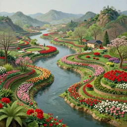 a gorgeous very early spring series of lush islands separated by flower - lined streams, twisted gardens, flowers, fern fronds, all red, painting by barlowe wayne maxfield parrish and marco mazzoni. tree no leaf!!!! china mountain village!! very little light verdancy. ultra clear detailed. 3 d, octane render