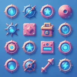 game asset of ui icons, in gouache detailed paintings, props, stylized, 2 d sprites, kitbash, arcane, overwatch, blue and pink color scheme, 8 k, close up