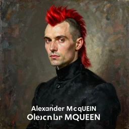 portrait of a handsome man in a black outfit, red mohawk, a flemish baroque by alexander mcqueen, art by john collier by greg rutkowski and craig mullins, oil on canvas