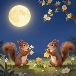 cute furry squirrels dancing and cleaning moonlight and flowers