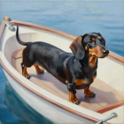 very long dachshund on a boat, detailed painting, weiner dog, oil on canvas, adorable, wide angle shot, very detailed