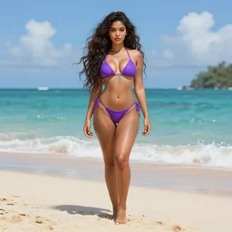 cute manipuri woman with a beautiful face and eyes, long hair, wearing a purple bikini, long legs, fantasy, intricate, full body shot, sexy, caribbean beach, highly detailed, digital painting, artstation, concept art, wallpaper, smooth, sharp focus, realistic photo by artgerm and greg rutkowski and alphonse mucha