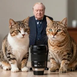 cat becoming best friends with Churchill, 40nm lens, shallow depth of field, split lighting, 4k,