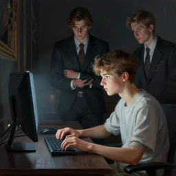 teenager on computer dark room, elegant, intricate, digital painting, artstation, concept art, smooth, sharp focus, illustration, art by konstantin korovin and daniel f. gerhartz and john howe