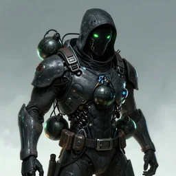 a futuristic saboteur carrying multiple bombs in his body, green eyes, highly detailed, digital art, sharp focus, ambient glow, trending on art station, fantasy art style