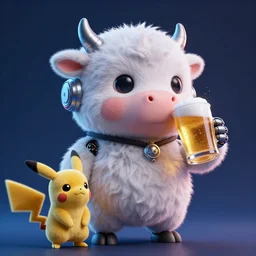 high quality 3 d render sci - fi very cute cyborg cow fluffy! hybrid! drinking beer, highly detailed, unreal engine cinematic smooth, in the style of blade runner & detective pikachu, hannah yata charlie immer, dark blue neon light, low angle, uhd 8 k, sharp focus