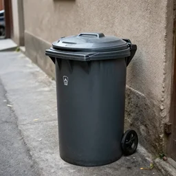 a garbage can in the street in an alley, photograph, 4 k