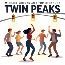 Twin Peaks poster artwork by Michael Whelan and Tomer Hanuka, Rendering of teenagers dancing in the glow of the traffic lights hanging from above from scene from Twin Peaks, full of details, by Makoto Shinkai and thomas kinkade, Matte painting, trending on artstation and unreal engine