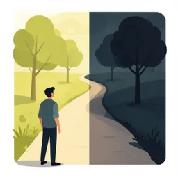 a man looks at a good light side path and dark evil side path vector art infomercial
