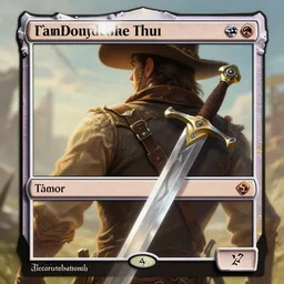 Fantasy digital art for magic the gathering card, a close-up shot of a sword with a gun as the hilt on the back of a cowboy.