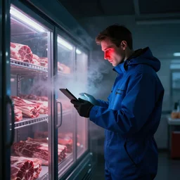 a dark and cinematic shot of a man wearing a blue snow suit with no mask in a very dark and metallic meat freezer room and he's looking at a large tablet that's shining a red light on his face, there are slabs of meat on shelves, volumetric light, ice vapor, misty, cinematic