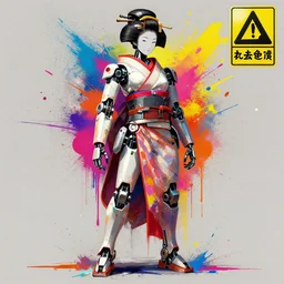 full body portrait of a japaneses robot geisha, digital art, concept design, colourful spray paint splatters, health and safety decals, cinematic, deep impasto