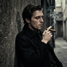 noir detective leaning on the wall, smoking a cigar, dark alley, | | realistic shaded, fine details, fine - face, pretty face, realistic shaded lighting poster by greg rutkowski, magali villeneuve, artgerm, jeremy lipkin, michael garmash, rob rey