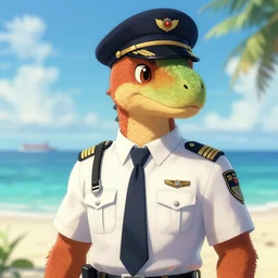 character portrait feature of the anthro male anthropomorphic velociraptor dino fursona wearing airline pilot outfit uniform professional pilot character design stylized by charlie bowater, ross tran, artgerm, and makoto shinkai, detailed, soft lighting, rendered in octane, maldives in background