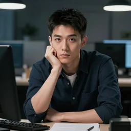 system analyst late night work, realistic detailed face portrait, very coherent symmetrical, high contrast, depth of field, insanely detailed, handsome, white, sitting at the table, thoughtful pose, left hand propping up the head, preppy style, smart casual, clean shaved