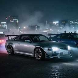 a car R31X twin turbo drift at illegal car meet, Kanagawa prefecture, city midnight mist lights, cinematic lighting, photorealistic, highly detailed wheels, high detail
