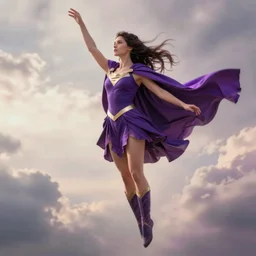 mystical female superhero wearing a purple cloak, floating