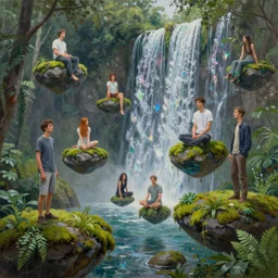 Portrait of beautiful forest, floating stones, cascading iridescent waterfalls, dimension of infinitespace, moss plants, by wlop, artgerm, andrei riabovitchev, nuri iyem, james gurney, james jean, greg rutkowski, highly detailed, soft lighting, 8k resolution, oil on canvas