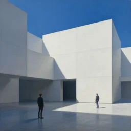 painting of interior shot of a white concerete brutalist contemporary art museum by darek zabrocki and greg ruthkowski, cinematic and blue cold atmospheric, archillect concept art, artstation, trending on artstation