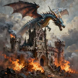 painting of gothic withered castle smoking in flames. A dragon is in the sky; immaculate scale, hyper-realistic, Unreal Engine, Octane Render, digital art, trending on Artstation, 8k, detailed, atmospheric, immaculate