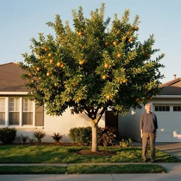 an tree growing oranges outside a california suburban home, style of photographers willem verbeeck and Kyle McDougall, complimentary colors, filmic, golden hour