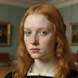 museum painting, closeup, pale handsome young woman age of 3 0, big eyes, reddish blonde hair, tied, shoulder - length! hair, clothes of 1 7 th century, living room, studio lighting, sharp focus, highly detailed, digital art, matte painting, masterpiece, artgerm, rutkowski, botticelli, mucha, leyendecker